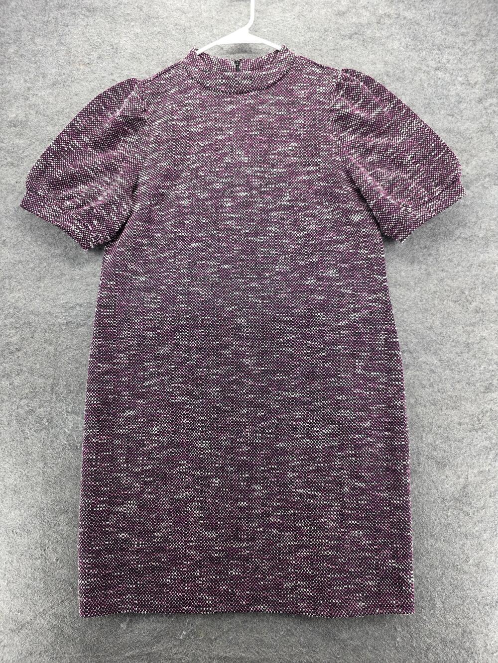 Ann Taylor Factory Dress Womens 14 Short Sleeve Puff Tweed Mock Neck Classic